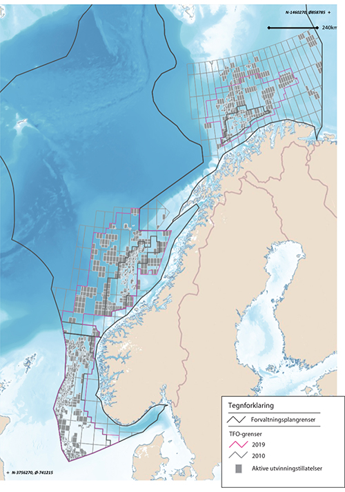 Figur 5.13 Kart over aktive utvinningstillatelser og utvikling i areal omfattet av TFO-ordningen. TFO 2010 og 2019 er vist i kartet.