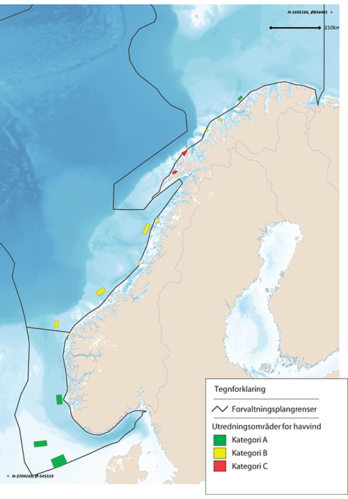 Figur 7.3 Kart over utredningsområder for havvind.