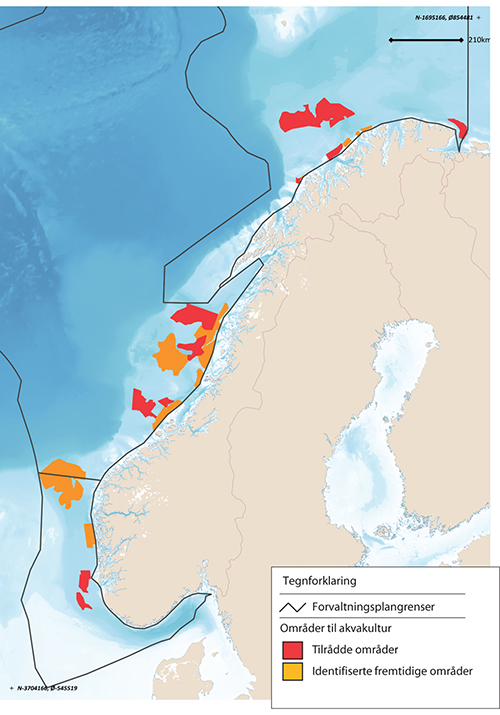 Figur 7.4 Kart over arealer aktuelle for konsekvensutredning av havbruk til havs.