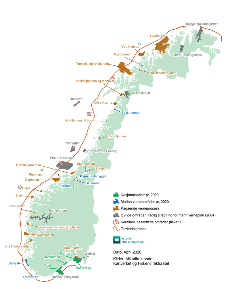 Figur 7.7 Kart over eksisterende og planlagte marine verneområder, og marine beskyttede områder.