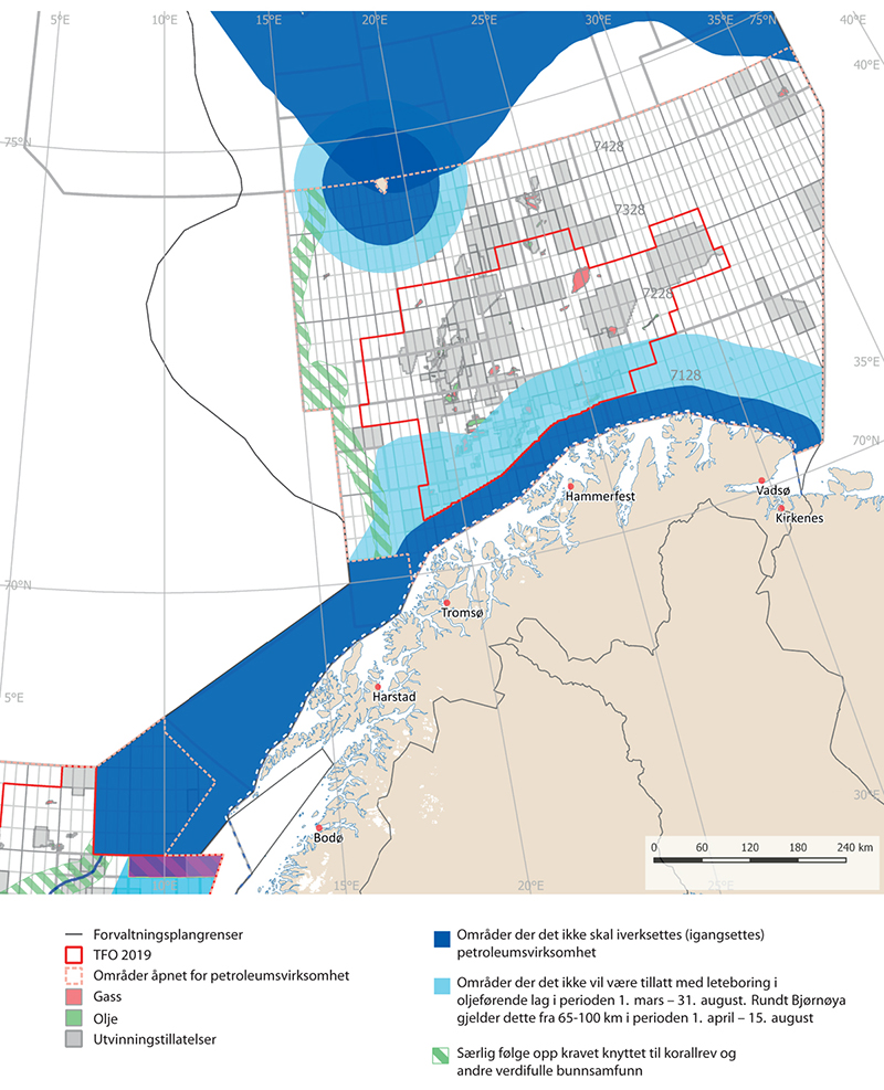 Figur 9.1 Områdespesifikke rammer for petroleumsvirksomhet i Barentshavet–Lofoten.