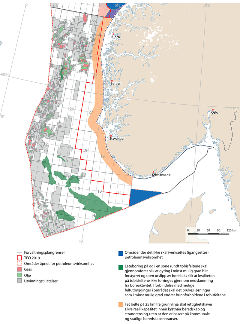 Figur 9.3 Områdespesifikke rammer for petroleumsvirksomhet i Nordsjøen–Skagerrak.