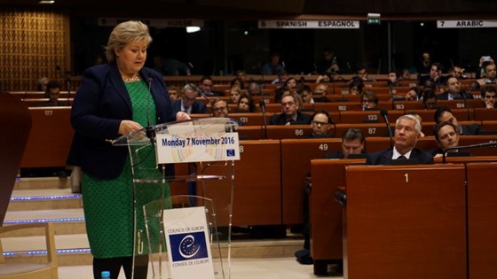Prime Minister Erna Solberg at World Forum for Democracy in Strasbourg 7 November 2016.