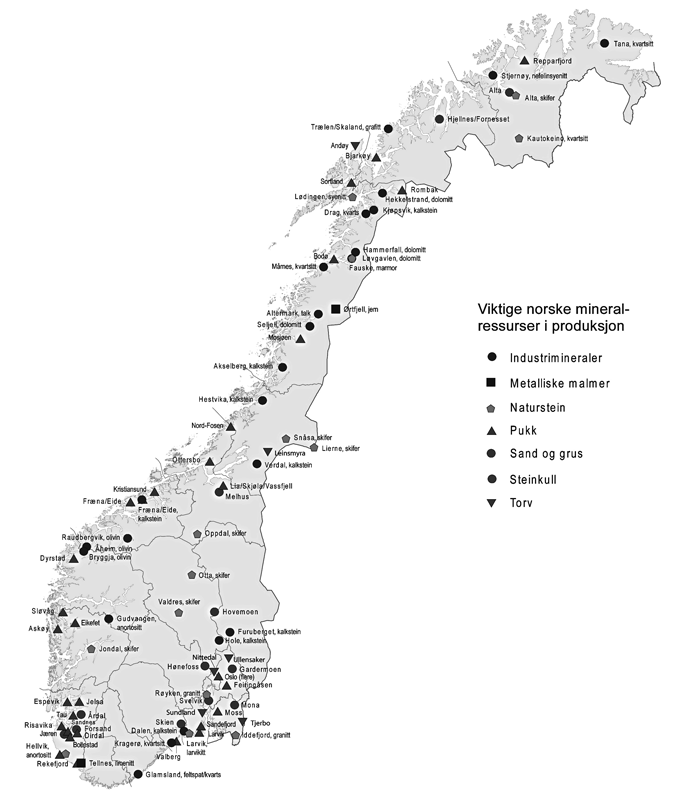 Figur 3.2 Viktige norske mineralressurser i produksjon.