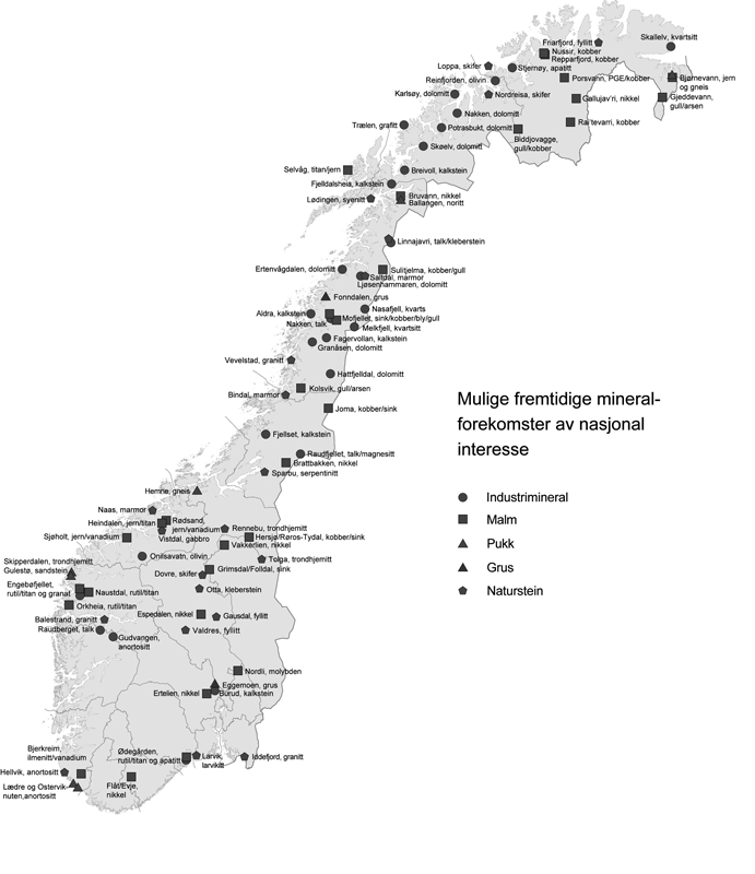 Figur 3.3 Mulig fremtidige mineralressurser av nasjonal interesse.