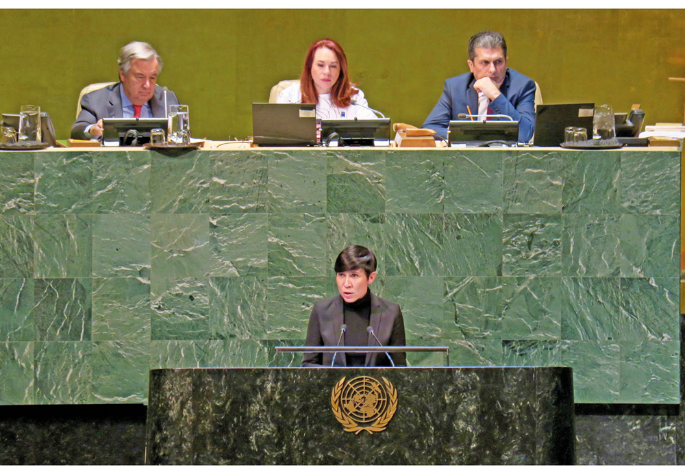 Figure 8.1 Norway is an active supporter of UN reform. Above, the Minister of Foreign Affairs, Ine Eriksen Søreide, gives a statement in the UN General Assembly. UN Secretary-General António Guterres (left) is among the listeners.