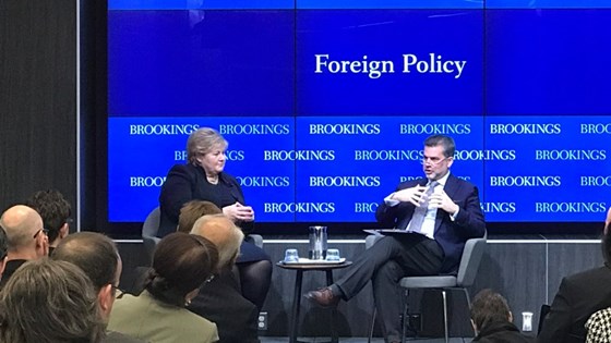 Prime Minister Erna Solberg at Brookings in Washington, DC.