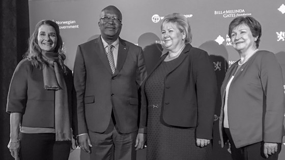 Melinda Gates, Roch Marc Christian Kaboré, Erna Solberg and Kristalina Georgieva on stage at Oslo rådhus.