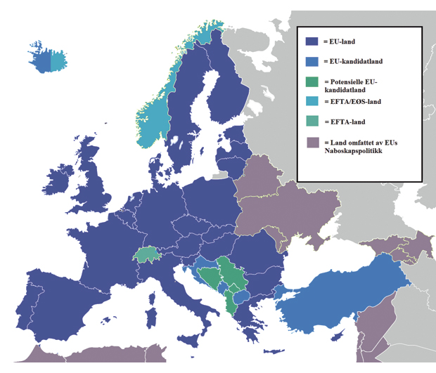 Figur 13.1 De aller fleste av EUs naboland har utviklet et bredt sett med avtaler om samarbeid med EU. Få har ønsket medlemskap i EØS.