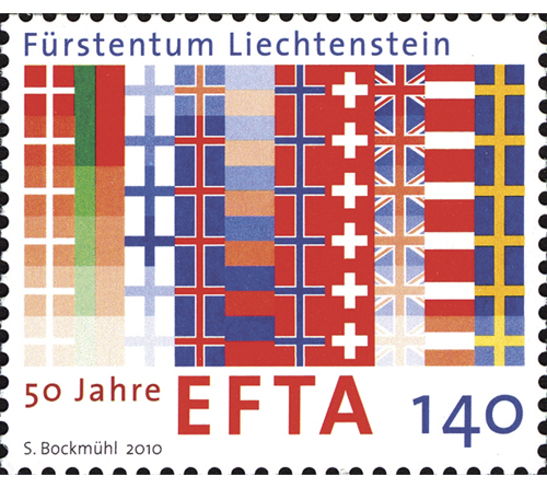 Figur 13.6 I forbindelse med EFTAs 50 årsjubileum i 2010 ble dette frimerket utgitt i Liechtenstein. Det viser flaggene til de medlemmene Island, Liechtenstein, Norge og Sveits og til de tidligere EFTA-medlemmene: Danmark, Portugal, Finland, Storbritannia, Østerrike og Sverige.
