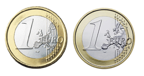 Figur 14.28 På de første euromyntene var Norge ikke på kartet (til venstre). På de nyere myntene er Norge en del av kartet.