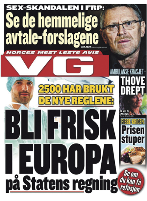 Figur 17.3 Med EØS-avtalen er det åpnet for at norske pasienter på nærmere bestemte vilkår kan kreve refusjon fra staten for operasjoner utført i andre EU/EØS-land. Forside fra VG november 2011.