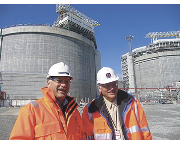 Figur 19.4 I 2006 inviterte næringsminister Odd Eriksen visepresidenten i Kommisjonen, Günter Verheugen, til å se byggingen av Snøhvit-anlegget for flytende gass (LNG) på Melkøya ved Hammerfest. Energi i nordområdene var det sentrale temaet under samtalene.