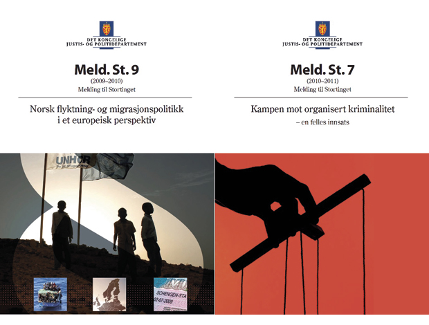 Figur 22.6 I de senere år har Justisdepartementet avgitt to viktige stortingsmeldinger som beskriver norsk tilknytning til EUs justispolitikk. Den første gjelder EUs innvandringspolitikk, og den andre EUs omfattende politisamarbeid for bekjempelse av grensekryssende kriminalitet, som Norge er tilknyttet gjennom Schengen og en rekke andre avtaler.