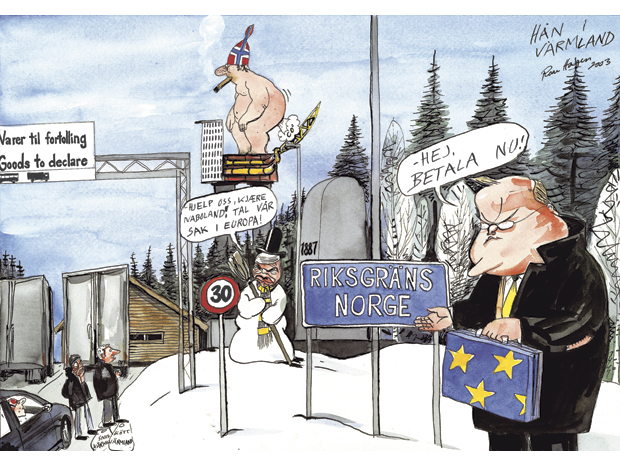 Figur 24.2 Under forhandlingene om EØS-midlene i 2004 gjorde Sveriges statsminister Göran Persson det klart at han syntes Norge som Europas rikeste land burde betale mer. VGs tegner Roar Hagen hadde denne kommentaren.