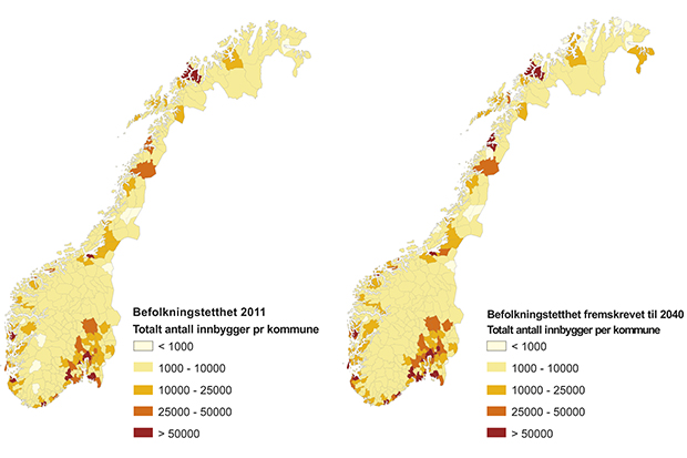 Figur 10.8 Befolkningstetthet, målt i totalt antall innbyggere per kommune, i 2011 og fremskriving for 2040.