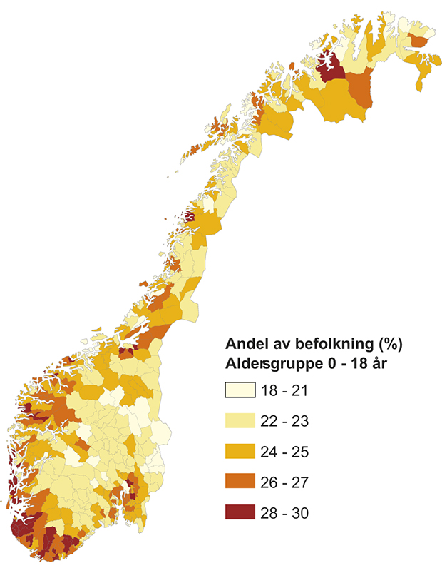 Figur 10.9 Andel av befolkningen 0–18 år, 2011.