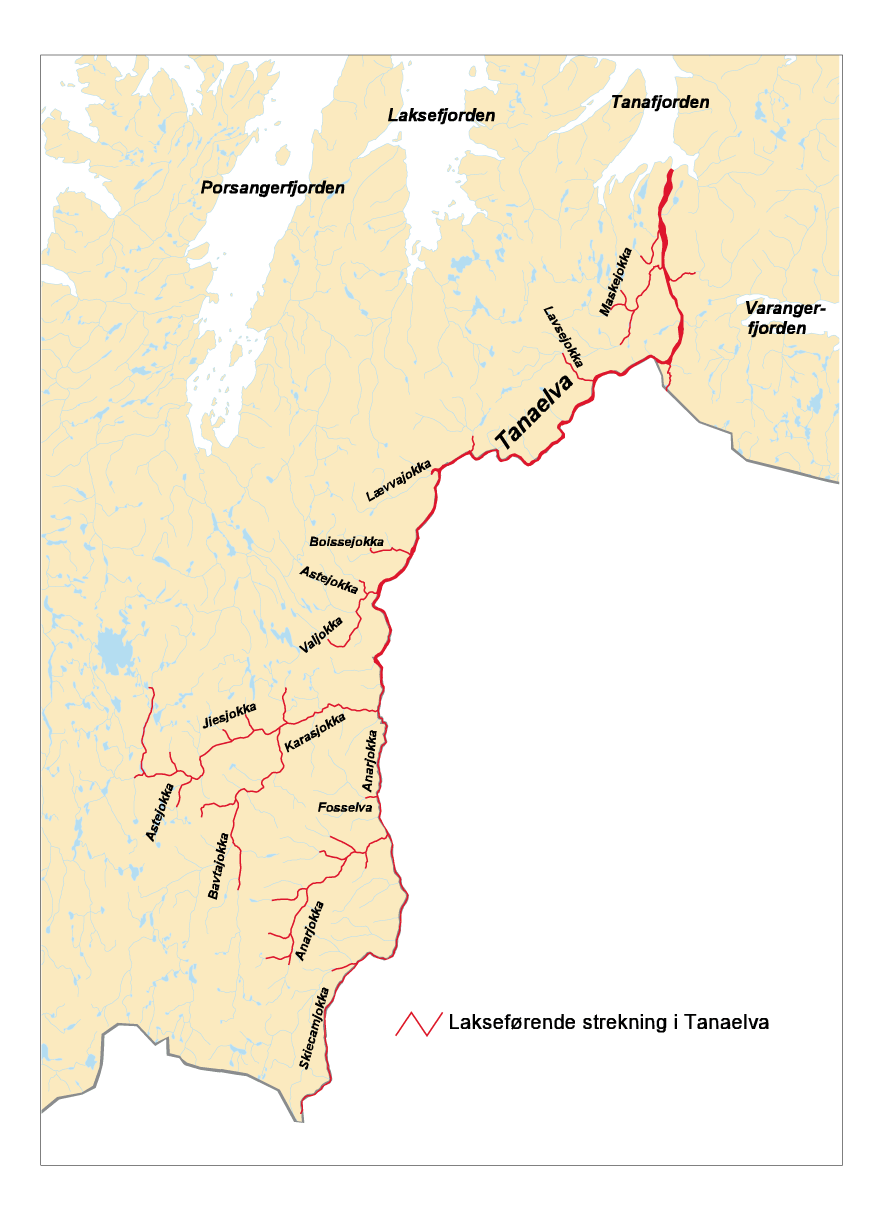 Figur 3.3 Oversikt over den norske delen av Tanavassdraget. Navnsetting
og angivelse av lakseførende strekning er basert på Magnus
Berg, Nord-norske lakseelver, 1964.