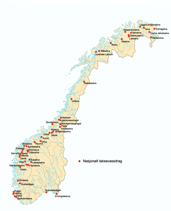 Figur 9.1 Kart med angivelse av flertallets forslag til nasjonale laksevassdrag.