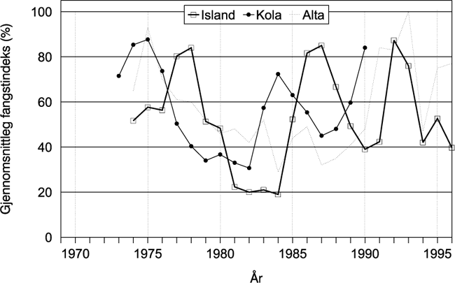 Figur 3.1 Gjennomsnittleg indeks for fangst av laks i tre elver på Island
(Hofsà, Selà og Laxà) og frå tre
elver på Kola (Kola, Tuloma og Ponoy) og fangstindeks for
Altaelva. (NOS, og bearbeidde data frå
laksestatistikken for Island, Gudbergsson m.fl....