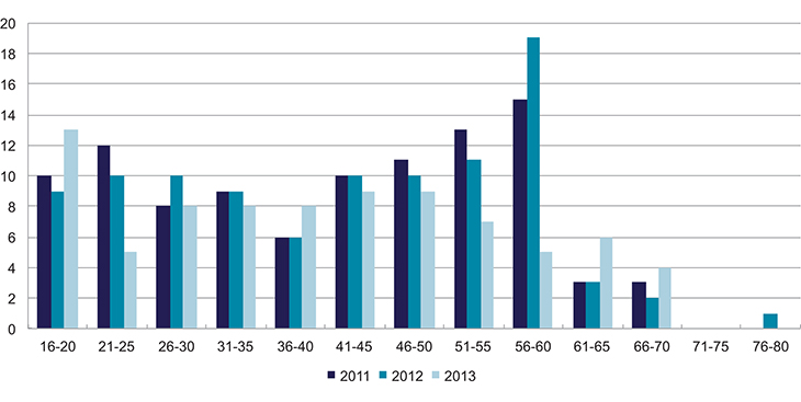 Figur 6.1 Antall innvilgede søknader om fravik fra helsekrav etter aldersgruppe i 2011, 2012 og 2013