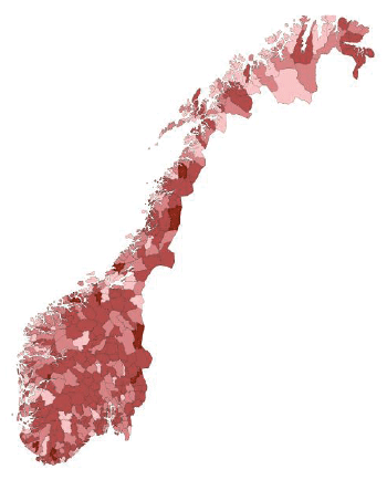 Figur 2.7 Balassa-indeks av omsetninga i  BAE-næringa i 2009. Kor viktig BAE-næringa er i  kommunane, samanlikna med det nasjonale gjennomsnittet (di mørkare farge, di viktigare er  BAE-næringa). 