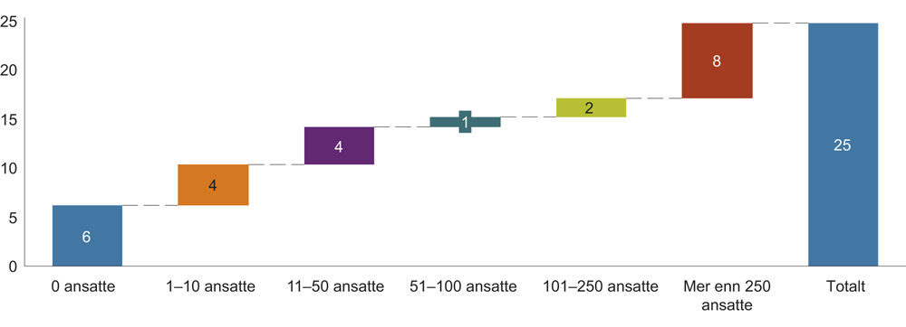Figur 4.2 Aksjeemisjoner i Norge utenfor børs for bedrifter i ulike størrelseskategorier målt ved antall ansatte. Milliarder kroner. 2015.