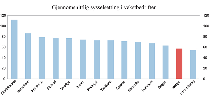 Figur 1.15 Gjennomsnittlig sysselsetting i vekstbedrifter. Antall ansatte. 2013