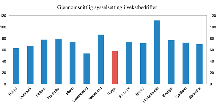 Figur 5.21 Gjennomsnittlig sysselsetting i vekstbedrifter. Antall ansatte. 2013