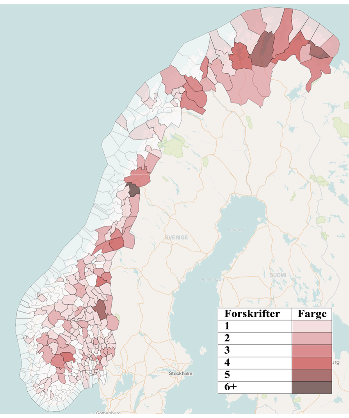 Figur 9.5 Antall kunngjorte kommunale forskrifter med hjemmel i motorferdselloven per 22. februar 2024.