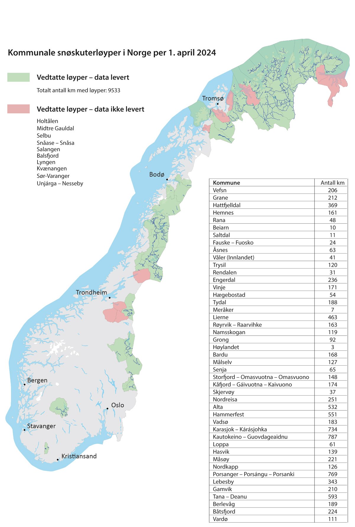 Figur 9.7 Oversikt over kommuner med snøskuterløyper i Norge per 1. april 2024.