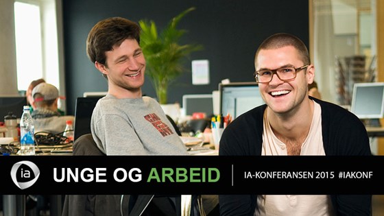 IA-konferansen 2015 Bilde av to unge menn på en arbeidsplass. Banner tittelen på IA-konferansen 2015 - unge og arbeid