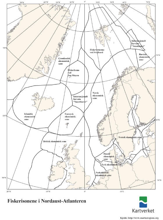 Figur 2.1 Kart som viser dei ulike fiskerisonene i Nordaust-Atlanteren