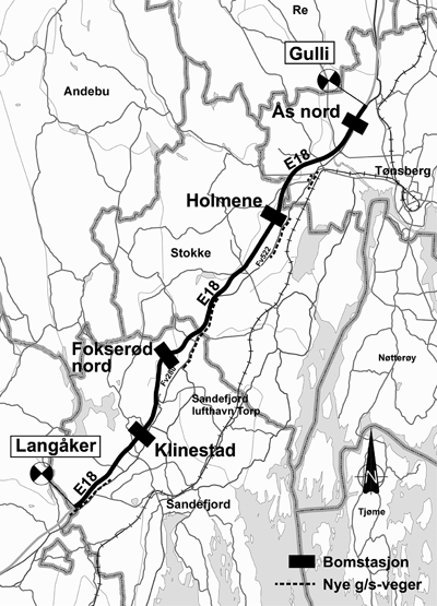 Figur 2.2 Oversiktskart E18 Gulli – Langåker.