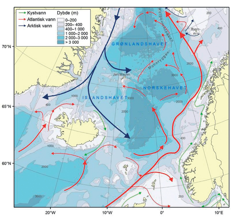 Figur 4.22 Norskehavet – straumar og djupn
