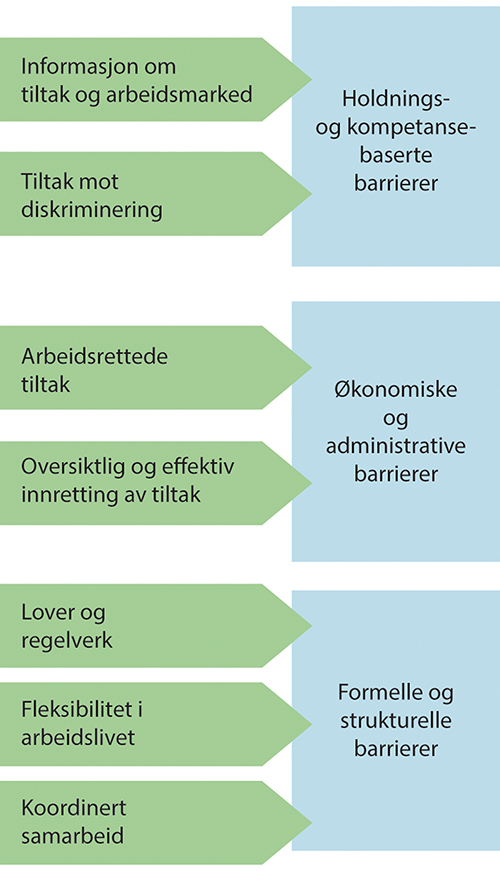 Figur 5.1 Skisse over tiltak for å redusere barrierer for inkludering i arbeidslivet