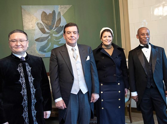 From left: Ambassador of Kazakhstan, H.E. Mr Yerkin Akhinzhanov, Ambassador of Albania, H.E. Mr Virgjil Kule, Ambassador of Qatar, H.E. Sheikha Moza Al-Thani, Ambassador of Lesotho, H.E. Mr Sekhulumi Paul Ntsoaole. 