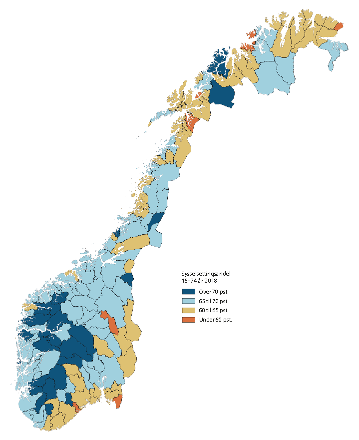 Figur 2.11 Andel sysselsatte i befolkningen mellom 15 og 74 år, 2018.
