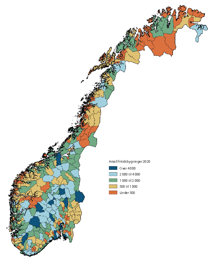 Figur 2.21 Antall fritidsboliger per kommune, 2020.