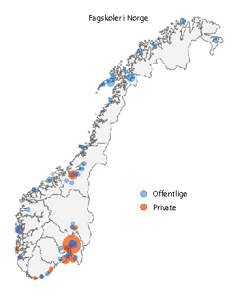 Figur 6.7 Fagskolenes geografiske plassering i Norge, 2019. Studiesteder under fagskolene vises ikke.