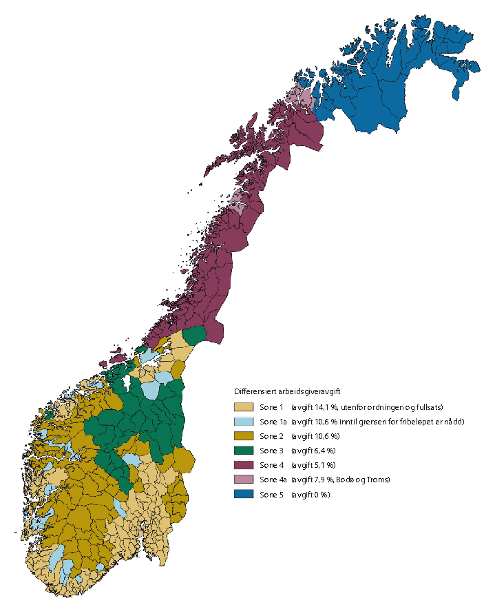 Figur 6.8 Kart over differensiert arbeidsgiveravgift, 2014–2020.