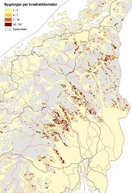 Figur 5.3 Bebygde kilometerruter i fjellområdene i Sør-Norge.