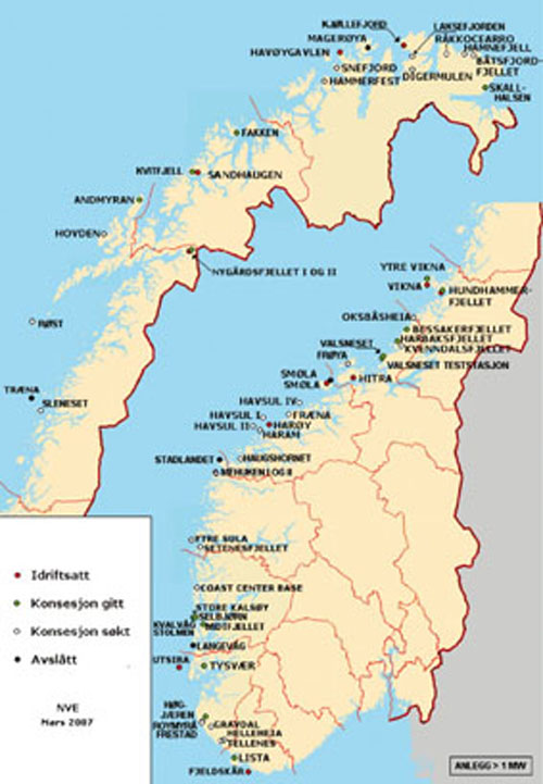 Figur 5.5 Vindkraftprosjekter i Norge, inkludert meldte prosjekter pr.
mars 2007.
