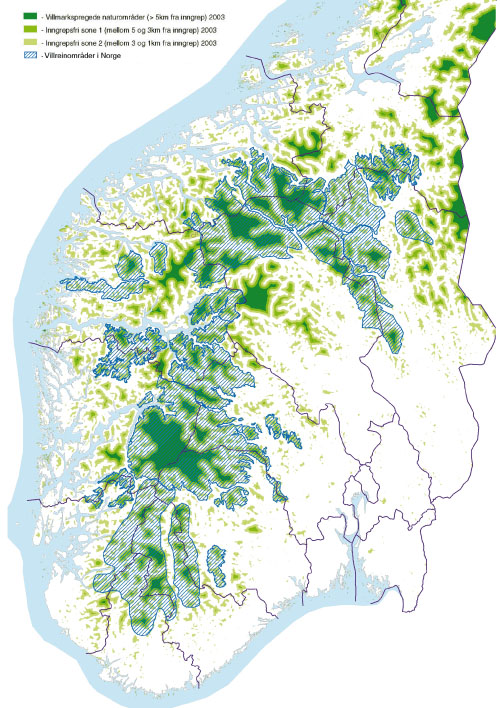 Figur 6.3 Villreinens leveområder er i stor grad sammenfallende
med de største sammenhengende inngrepsfrie og villmarksprega
områdene i Sør-Norge.