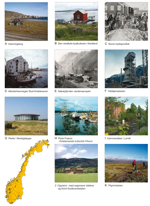 Figur 7.3 Foto: A: Birger Lindstad © Riksantikvaren, B:
Ann Elin Bratset Miljøverndepartementet, C: Mittet Riksantikvarens
arkiv, D: Arve Kjersheim © Riksantikvaren, E: Mittet Riksantikvarens
arkiv, F: Lisen Roll © Riksantikvaren, G: Gode sirklar,
H: © Vest-Agder fylkeskommune, I: Larvik kommune, J: Ukjent,
K: Åse Bitustøl © Riksantikvaren.