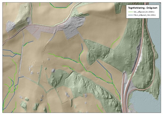 Drågkart. Grønn farge viser dråg beregnet fra 5x5 meter terrengmodell mens blå farge viser dråg beregnet fra 10x10 meter.