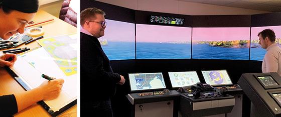 To illustrasjonsbilder. Student som planlegger en hage. Foto: Norges grønne fagskole, Dorthe Finstad. Studenter på maritime fag i maritim simulator på Fagskolen i Agder. Foto: Kunnskapsdepartementet.