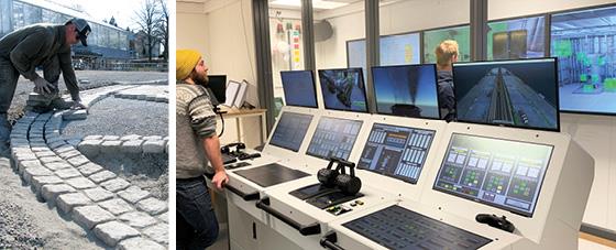 To illustrasjonsbilder. Student som legger brosteiner. Foto: Norges grønne fagskole, Dorthe Finstad. Maritime studenter i maskinsimulator på Fagskolen i Agder. Foto: Kunnskapsdepartementet.