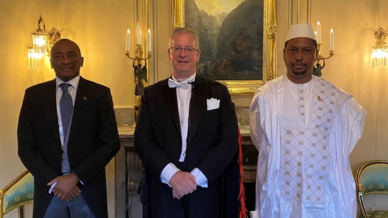Bilde av de tre ambassadørene som står oppstilt forlemt kledd innendørs men peis og maleri i bakgrunnen.