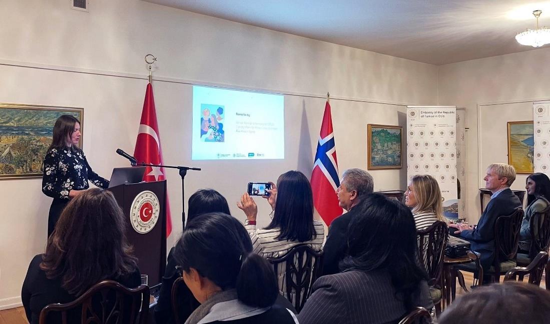 Kristel Tonstad står bak en talerstol foran et publikum, med det tyrkiske og norske flagget til høyre. Foto: Tyrkias ambassade